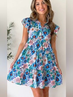 Dreamy Boho Floral Mini Dress Blue Pink Cottagecore Tiered Flutter Sleeve